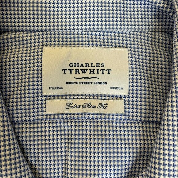 Charles Tyrwhitt Slim Fit Button Up Shirt 17.5 35 Blue Puppytooth Long Sleeves - Picture 6 of 7